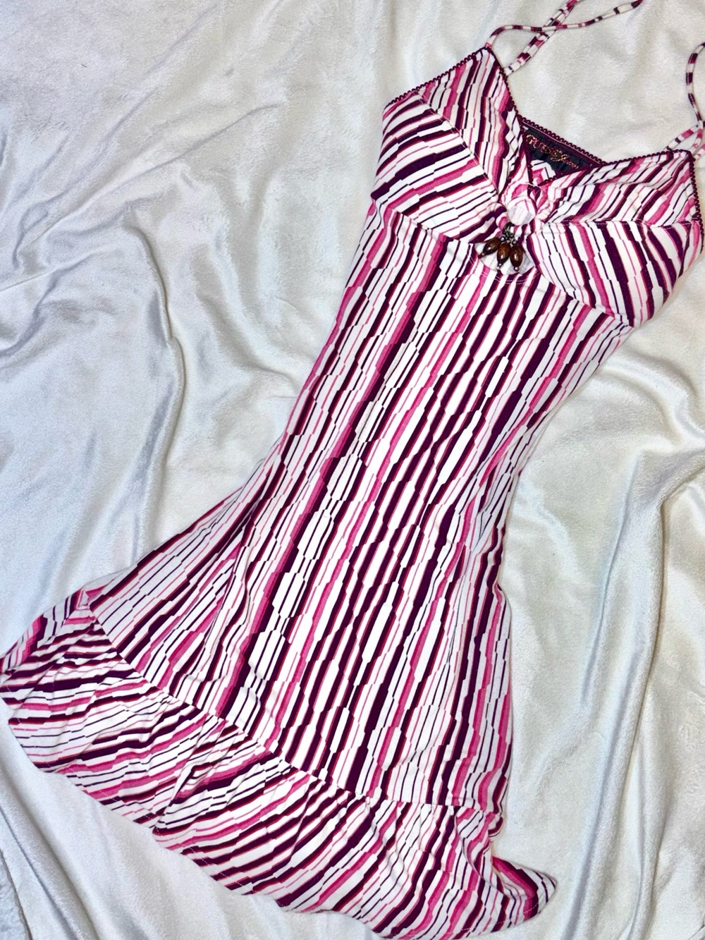💥Guess Pink and White Striped Mini Dress With Embellished Beaded Accents XS Y2K